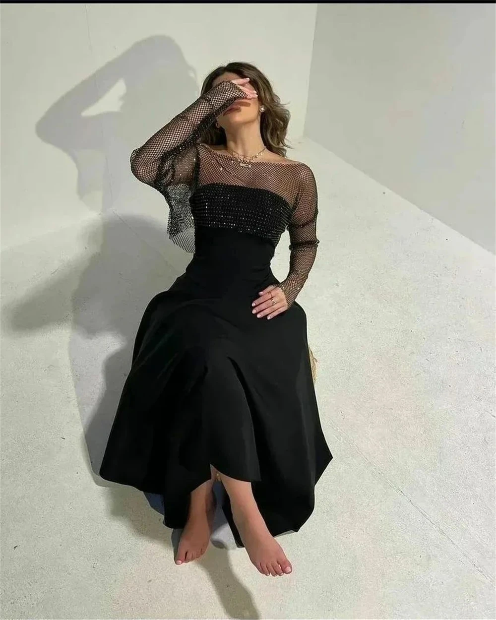 Black Prom Dresses Sexy Off the Shoulder A-line Evening Party Dress Luxury Tulle Draped Ankle-Length Occasion Evening Gowns