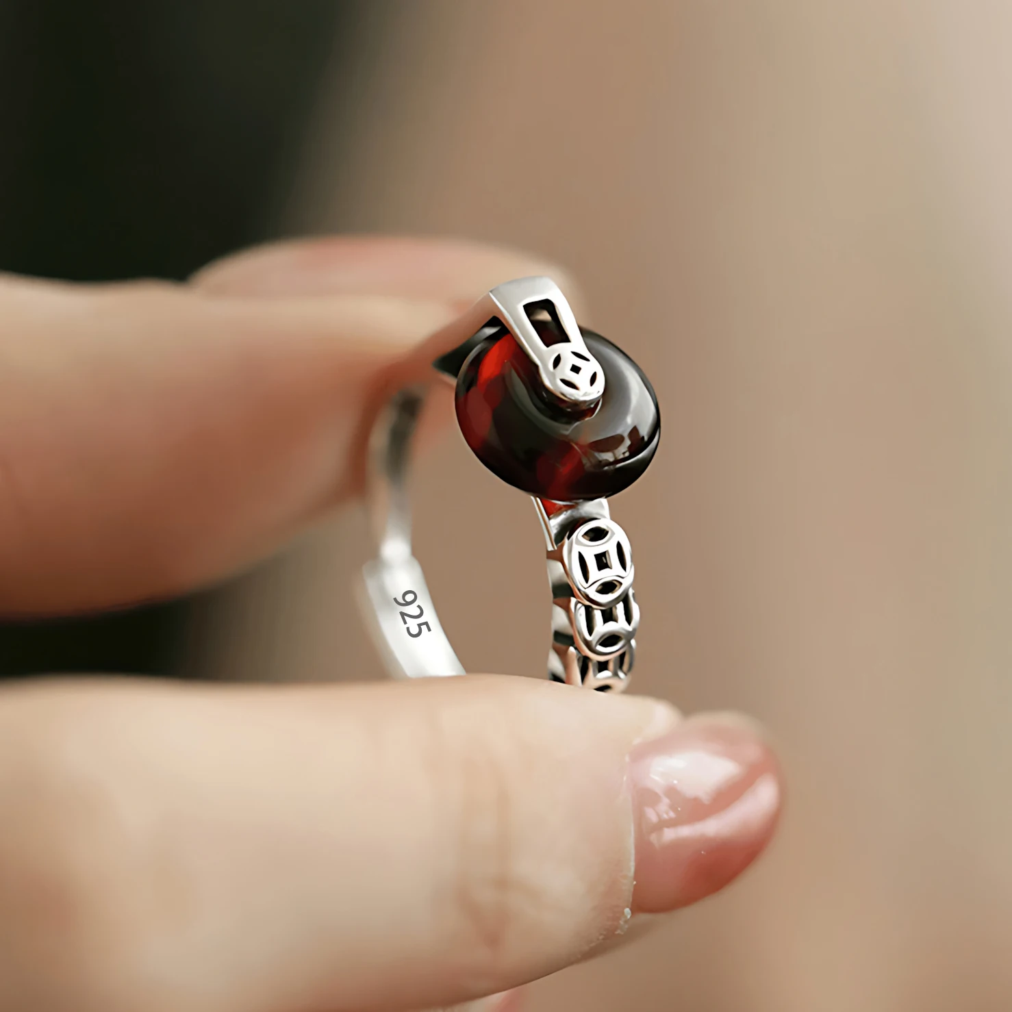 Sam Panda 925 Sterling Silver Button Copper Coin Ring For Women Retro Chinese Creative Design Retro Jewelry Gift Dropshipping