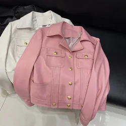 Chaqueta de motorista de cuero genuino para mujer, abrigo corto de marca de alta calidad, elegante, Europa, otoño e invierno, 2023, C482