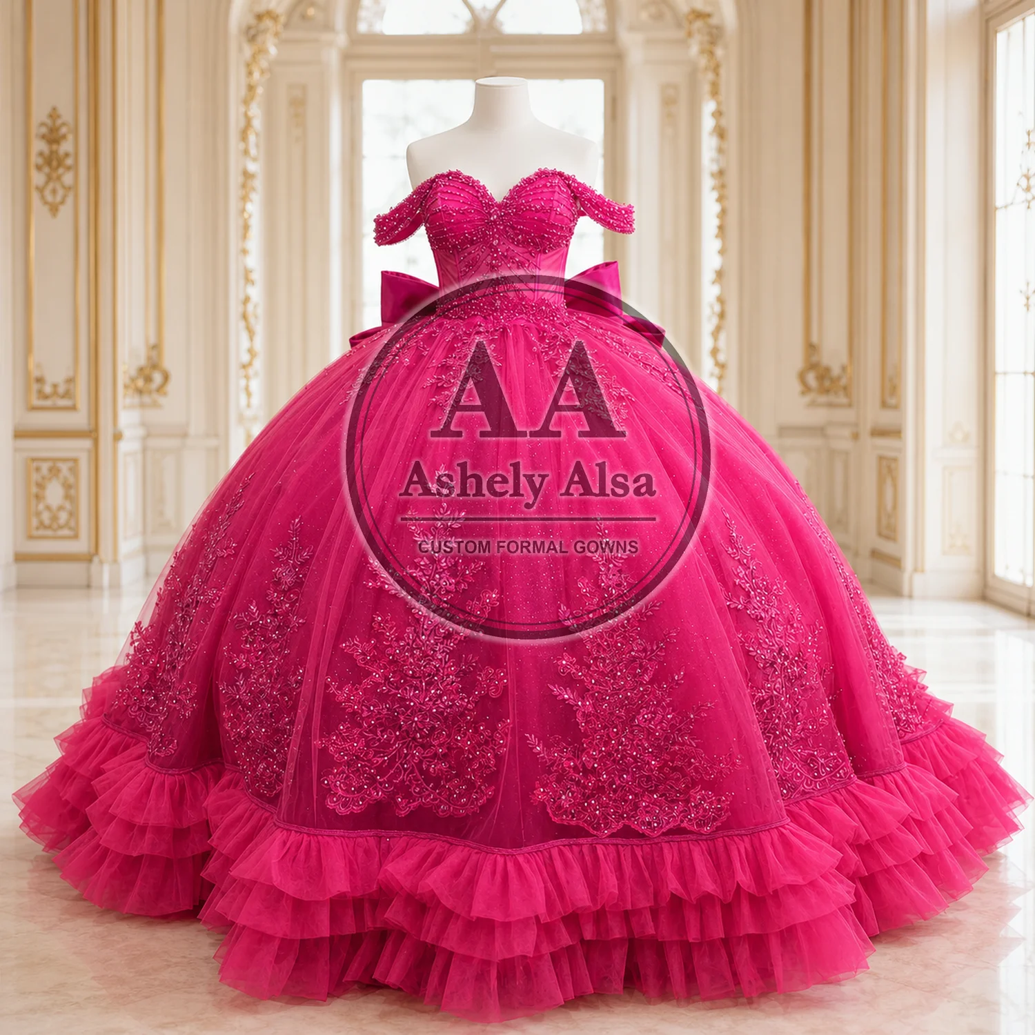 Luxury Rose Red Quinceanera Dresses Teen Girl Off Shoulder Lace Applique Puffy Tulle Bow Ruffle Prom Birthday Party Custom AA295