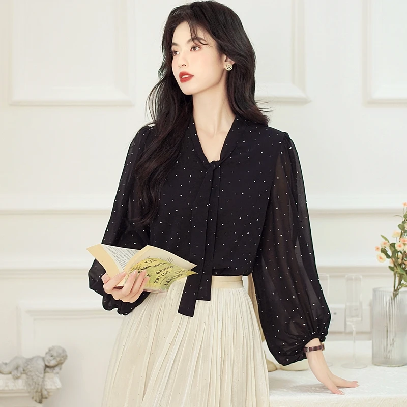 New Long Sleeve V-Neck Women Blouse Lace-up Dot Black Chiffon Blouse Shirt Women Tops Shirts Blusas Para Mujer Blusa Blusas M432