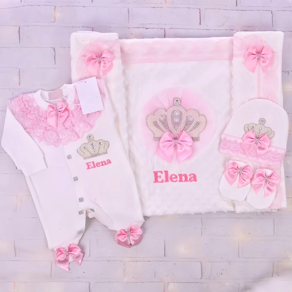 Dollbling neonato 4 pezzi + coperta fasciatoio pagliaccetto vestito francese ricamo pizzo infantile fatto a mano uscita ospedaliera set biancheria da letto