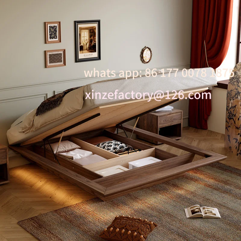 Customizable walnut all solid wood flush edge suspension without bedside storage bed modern simple tatami air pressure high box