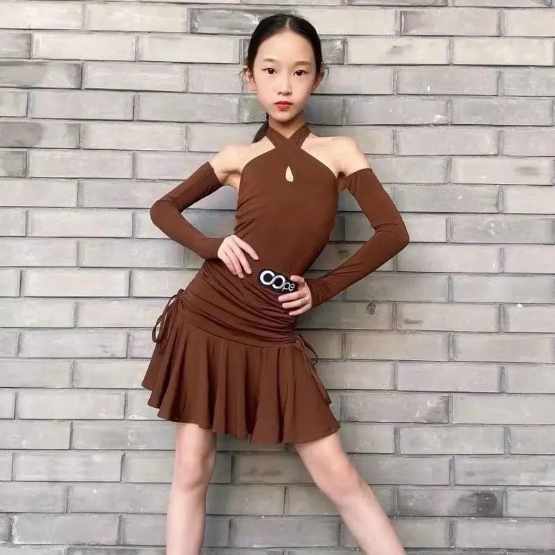 

Latin dance practice suit, girls' Latin dance competition suit, children's Latin dance suit, haltertop,new trendycoffee colorset