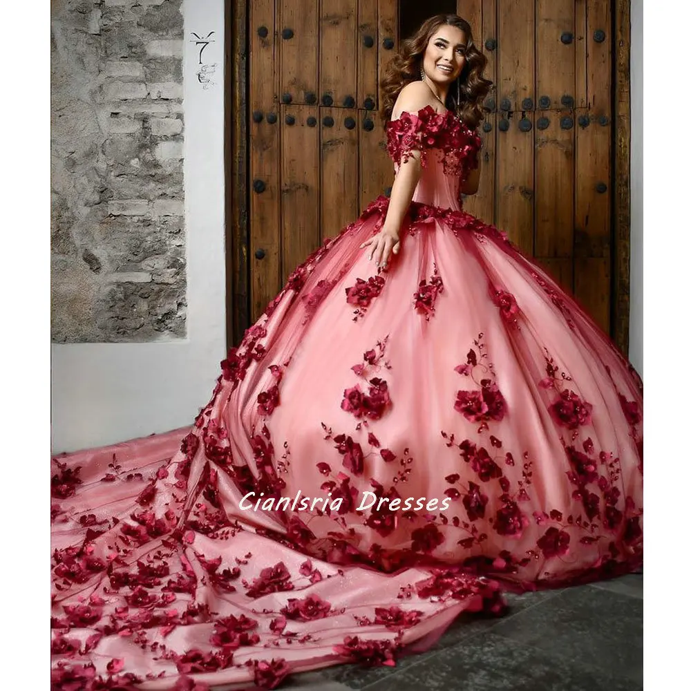 

Красный жемчуг 3D цветы платье Quinceanera бальное платье принцессы с открытыми плечами аппликации кружевной корсет сладкий 15-16 вечерние