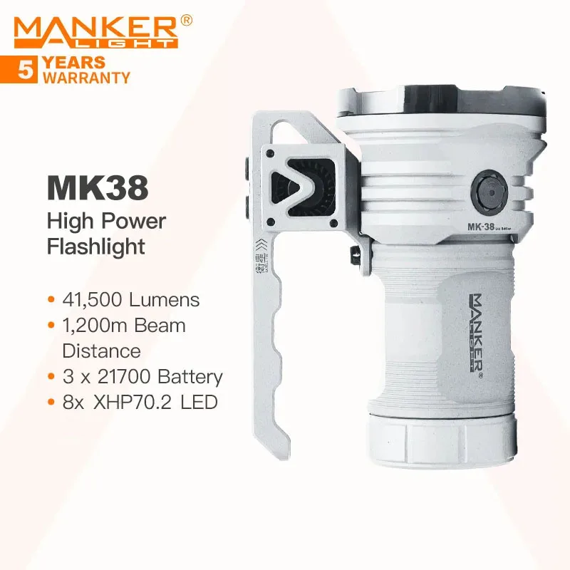 manker lanterna recarregavel de alta potencia poderosa luz de pesquisa fontes led 41500 lumens 1200m beam throw para exterior mk38 01