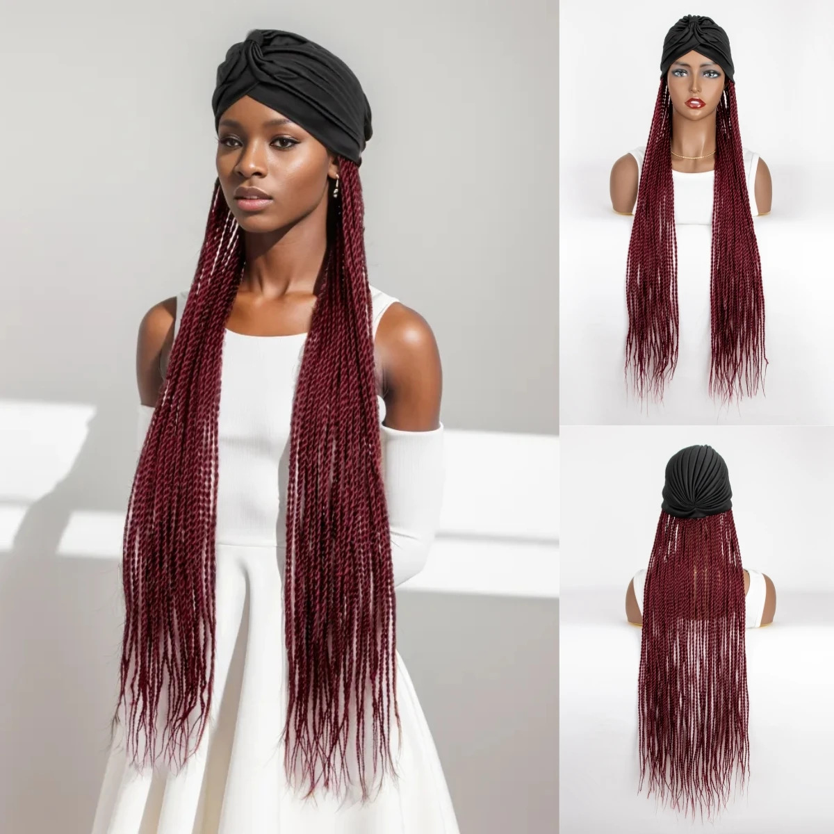 WIGERA Extremely Long Black Headband Burgund Twist Braided Headwrap Synthetic Wig With Turban Braiding Hair Extensions For Women