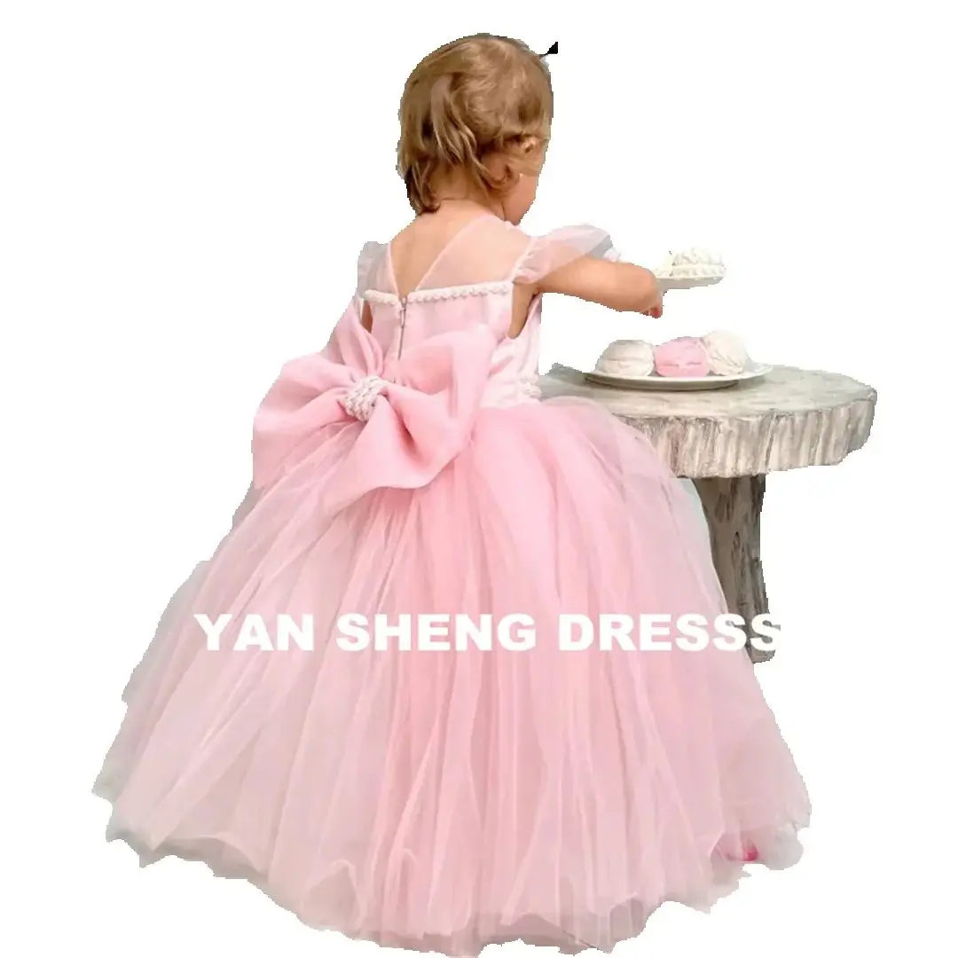 Sukienki dla Druhenek z Kwiatami, Różowe Tiulowe Bufiaste Sukienki z Perłami i Kokardą, Krótki Rękaw na Wesela, Urodziny, Pierwszą Komunię Świętą