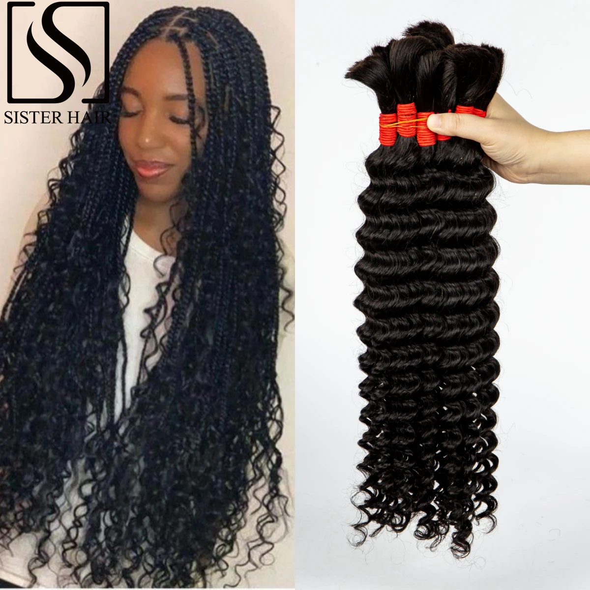 

26 28 Inch Natural No Weft Brazilian Remy Hair Bulk Deep Wave Curly Braided Bundle 100% Virgin Human Hair Bulk for Boho Braiding