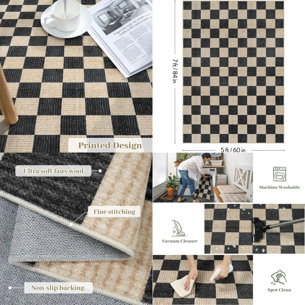 

Machine Washable 5x7 Area Rugs for Living Room Checkered, Non Slip Soft Low Pile Farmhouse Geometric Modern Neutral Playroom Boy