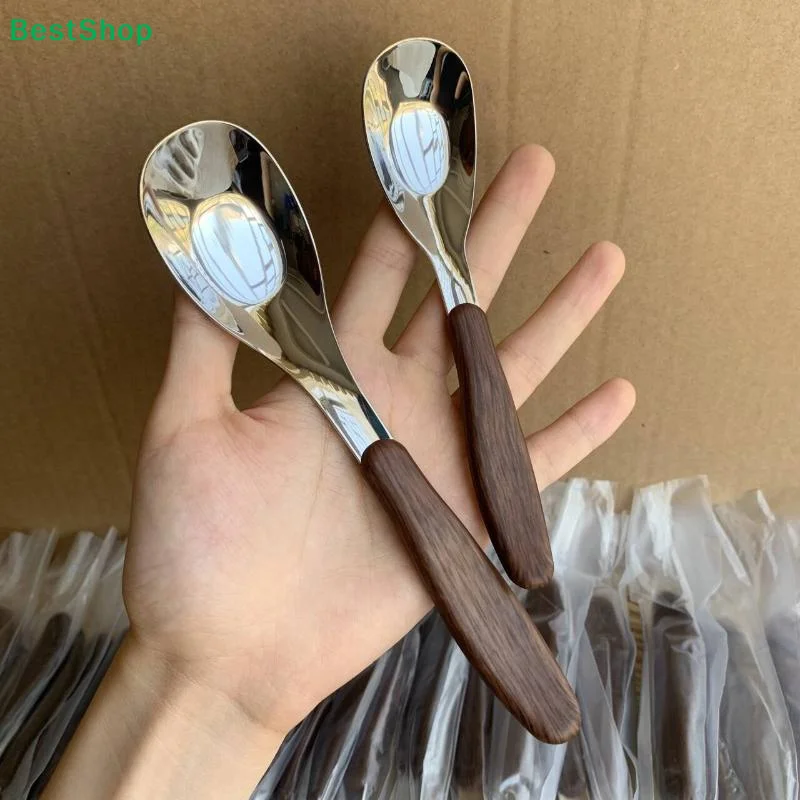 ♩Imitation Wood Handle Stainless Steel Spoon, 2 Sizes Glossy Metal Dinner Spoon for Soup Rice Dessert
