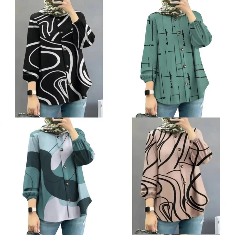 2025 Summer Fashion Muslim Blouse For Women Simple Style Striped Pattern Button Design Easy To Match