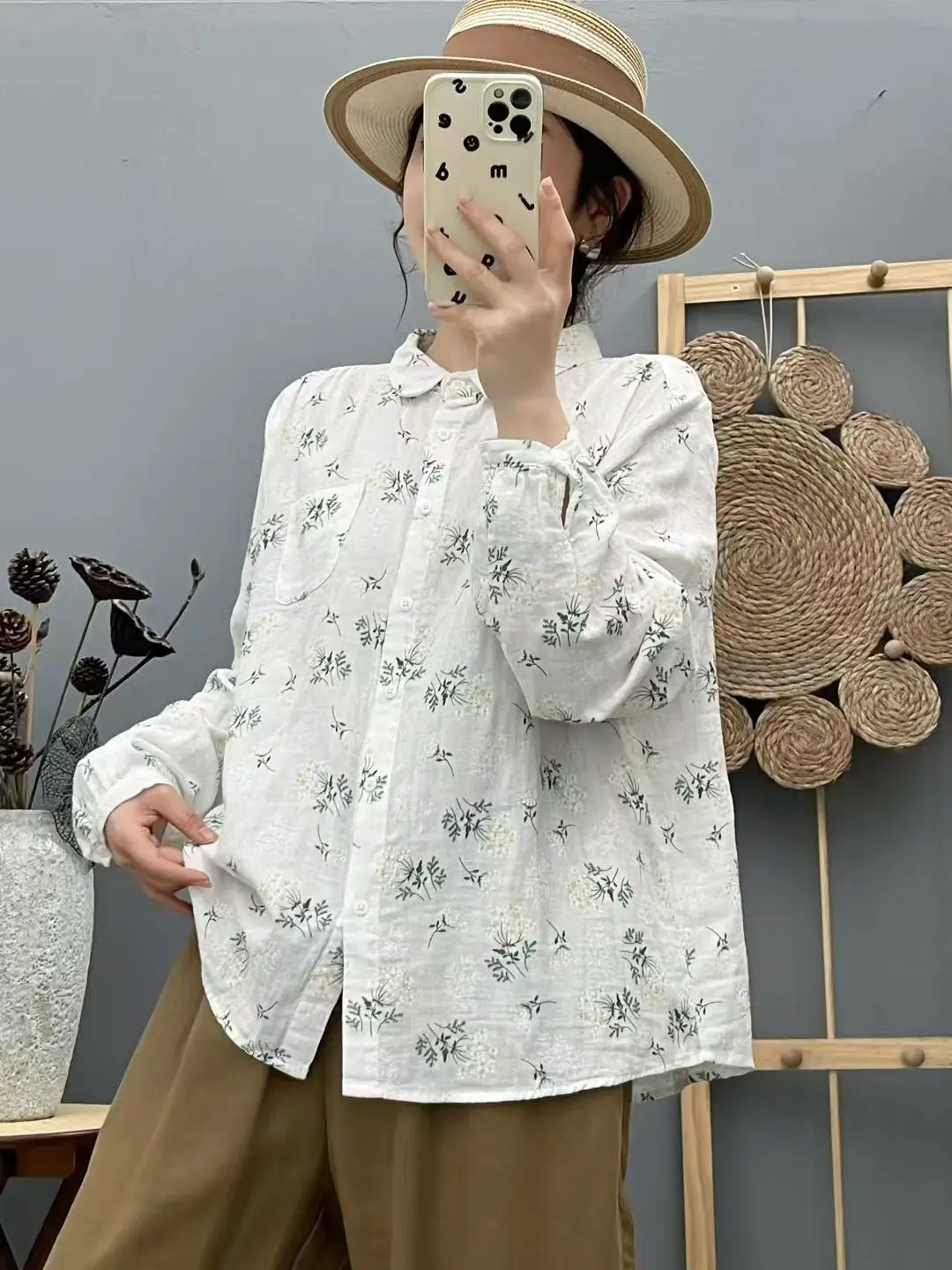 جديد 2025 قميص خريفي بأكمام طويلة من غزل القطن ، طباعة ياقة مقلوبة للسيدات ، بلوزة فضفاضة أنيقة من Mori Girl Sweet Prairie T58023CC