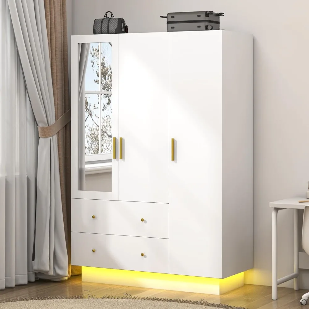 

3 Door Wardrobe Closet with Mirror & LED Lights, Bedroom Armoire with Drawers & Shelves, Modern Wooden Armoire Wardrobe Closet