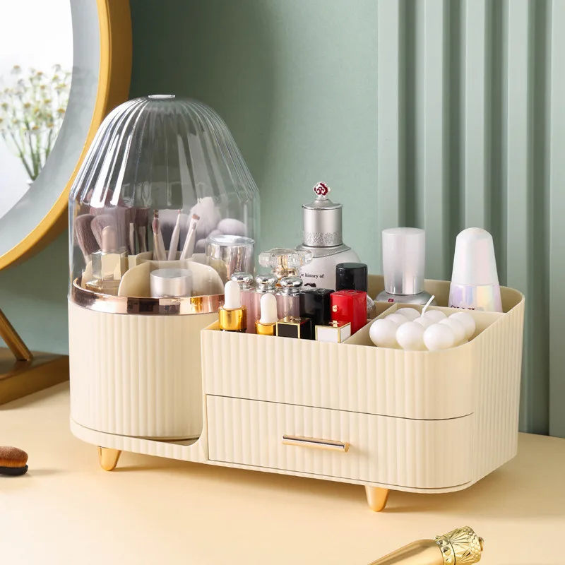 Cosmetic organizer rotatable dustproof desktop shelf dressing table water milk lipstick organizer with lid cosmetic case