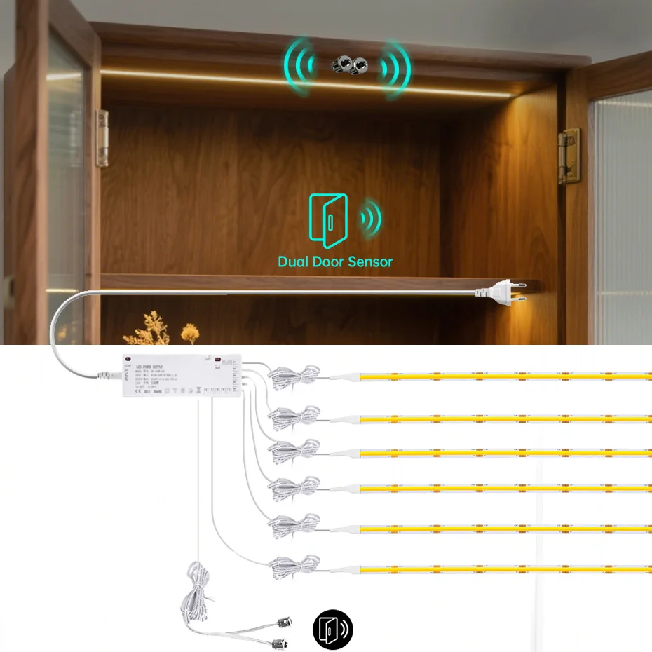 DC12V COB LED Under Cabinet Lights with Dual Door Motion Sensor for Wardrobe Showcase Bookshelf AU EU US UK Power Plug to Choose