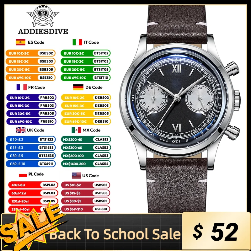

ADDIESDIVE Leather Quartz Watch 38mm Bubble Mirror Glass Stainless Steel Men's Retro Watches Chronograph 100m Diving Wristwatch