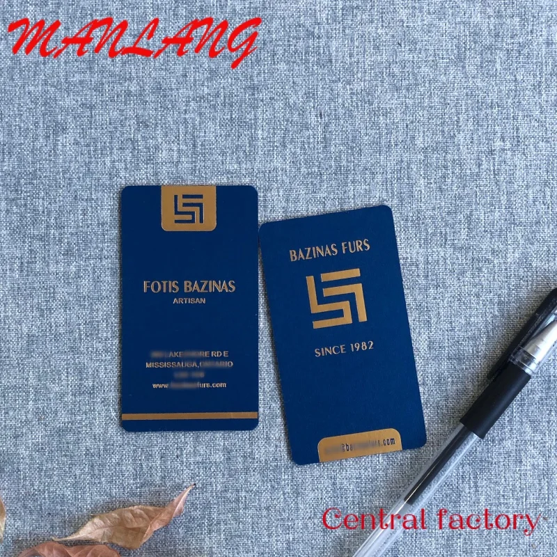 Tarjetas de cartón de alta calidad, lámina dorada brillante, logotipo en relieve personalizado, azul marino, tarjetas de visita con logotipo de impresión