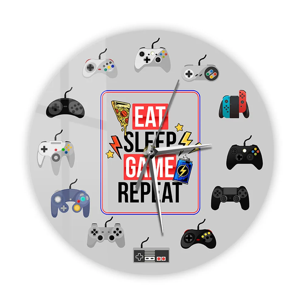 

Eat Sleep Game Repeat Funny Gaming Quotes Printed Wall Clock For Gamer Players Room Video Game Controllers Decorative Wall Watch