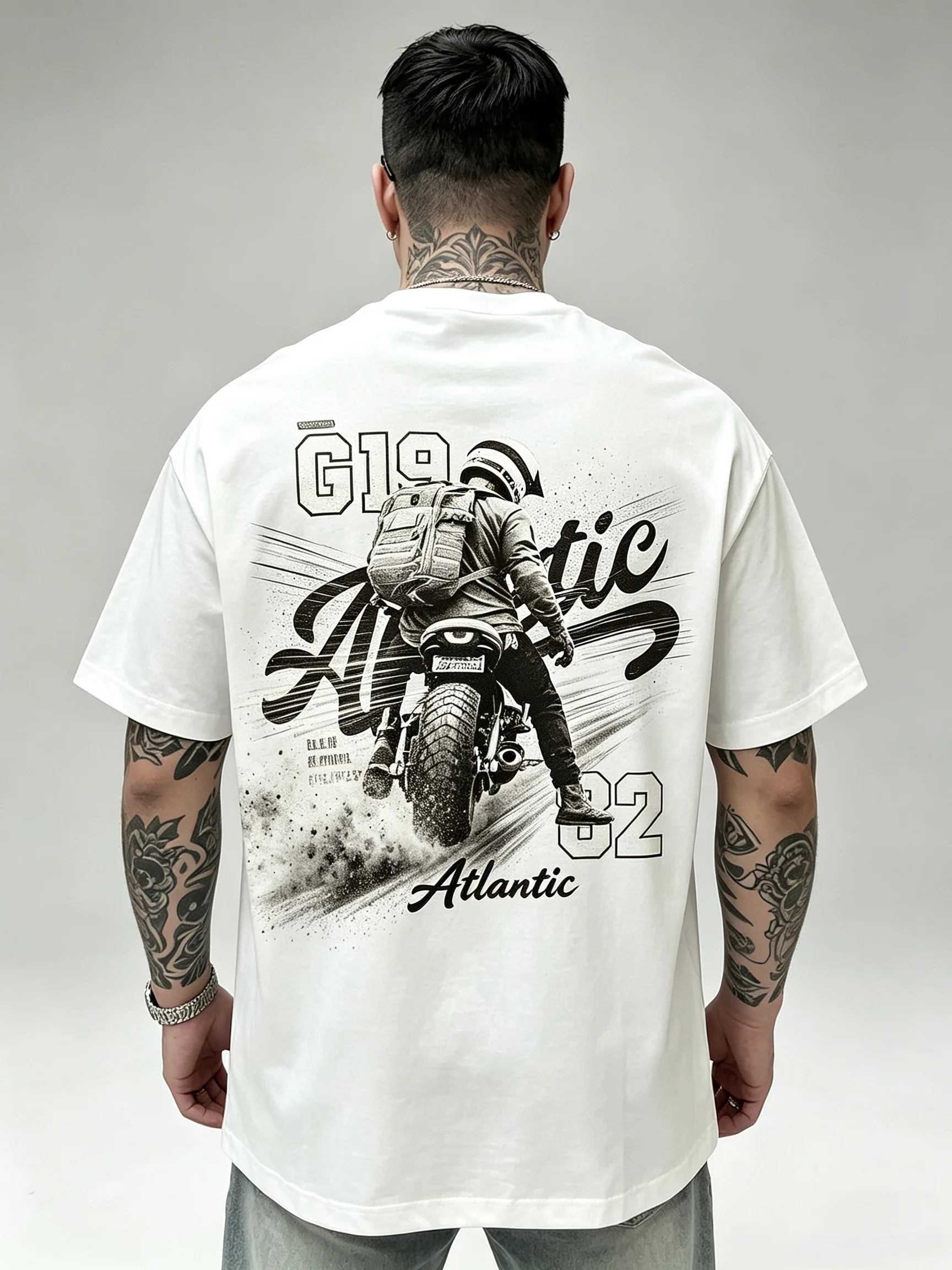 Camiseta Unisex Negra y Blanca con Estampado de Moto, Estilo Biker, para Hombre y Mujer, Oversize, con Gráfico de Motociclista Atlántico en la Espalda, Retro, Hip Hop, Streetwear, de Algodón, Manga Corta