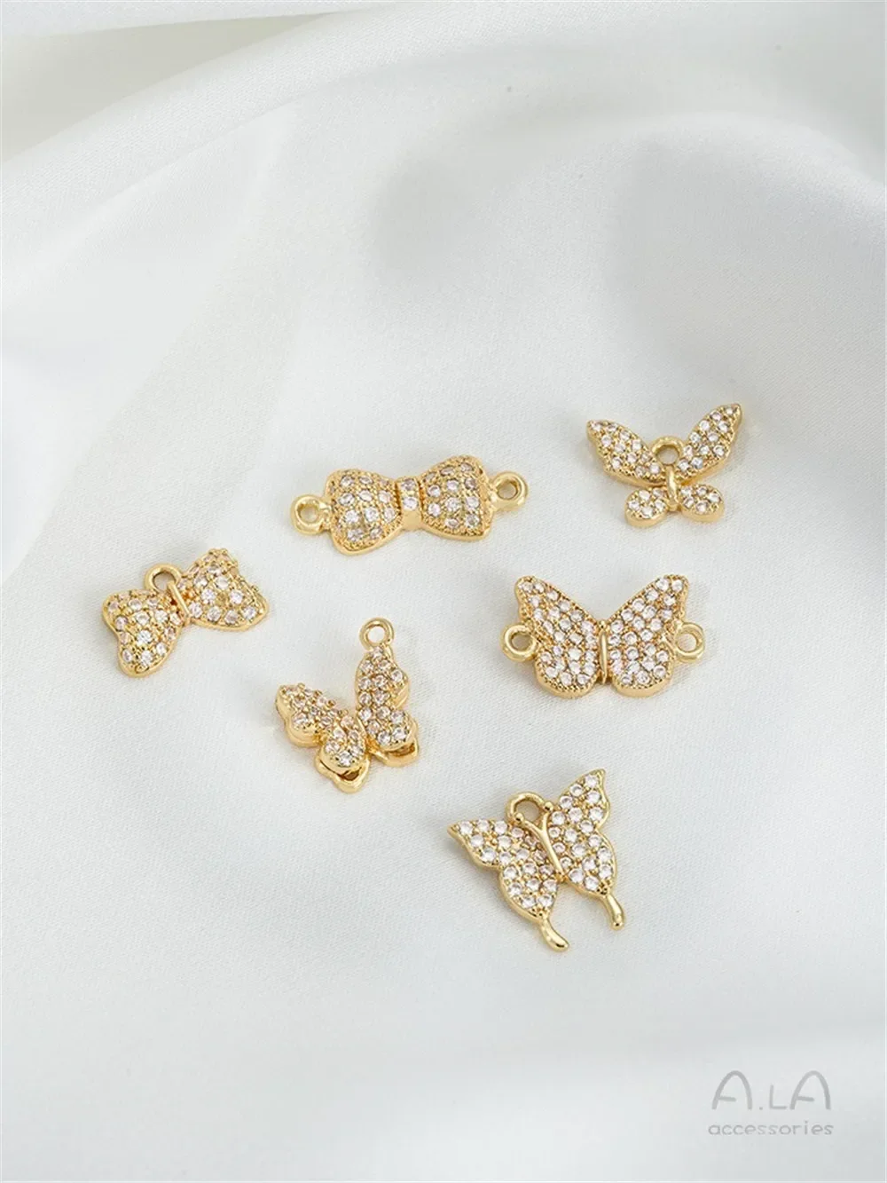 Micro-inlaid Zircon 14K Gold Butterfly Pendant Bow Tie Double Hanging Accessories DIY Handmade Bracelet Jewelry Pendant