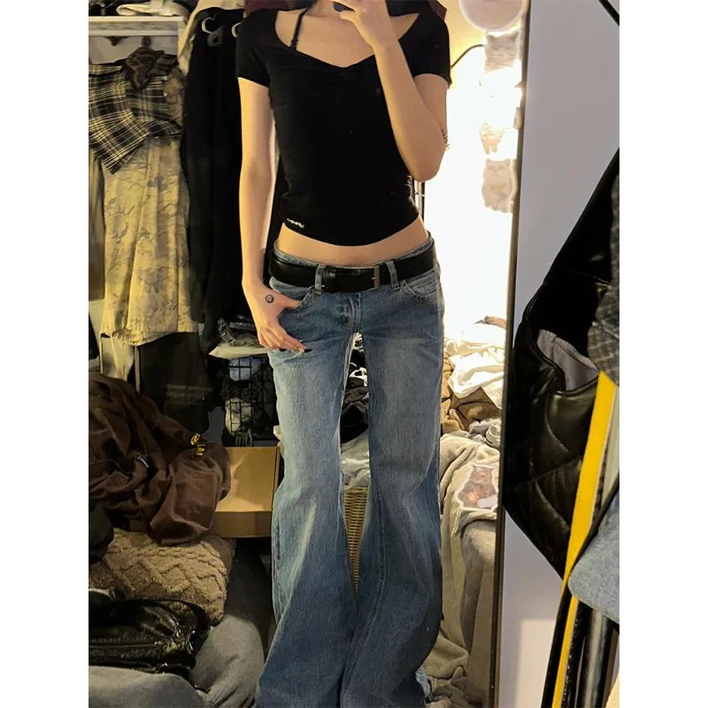 Vintage Y2k Flaredกางเกงยีนส์ผู้หญิงRetroปุ่มLow Rise Casual DenimกางเกงHarajuku 2000S AestheticกางเกงBasicกางเกงยีนส์ฤดูร้อน