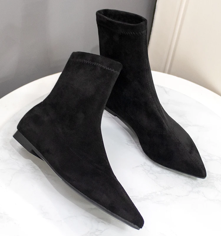 2023 Women\'s Flock Classic Black Ankle Boots Shoes Pointed Toe Low Heels Big Size 41 Short Boots Women Comfortable Dress Shoes