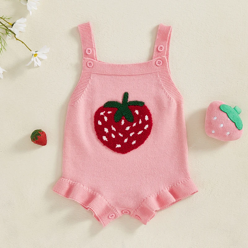 

Newborn Baby Girl Clothes Sleeveless Ruffle Trim Strawberry Print Romper Outfits Clothes Toddler Infant Spring Knit Jumpsuit