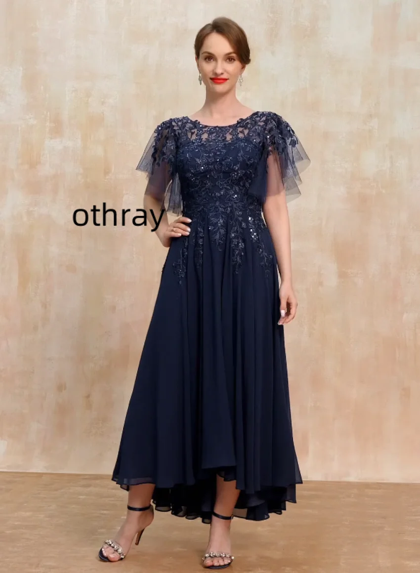 A-line Scoop Illusion Asymmetrical Chiffon Lace Mother of the Bride Dress With Sequins платье женское вечерний костюм женский