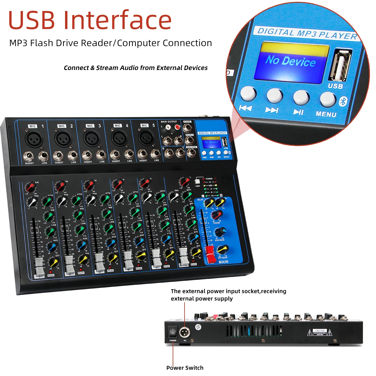 Biner HT7 professional audio mixer Portable USB Interface  Digital MP3 Playback 7 Channels DJ Mixing Console for Performance