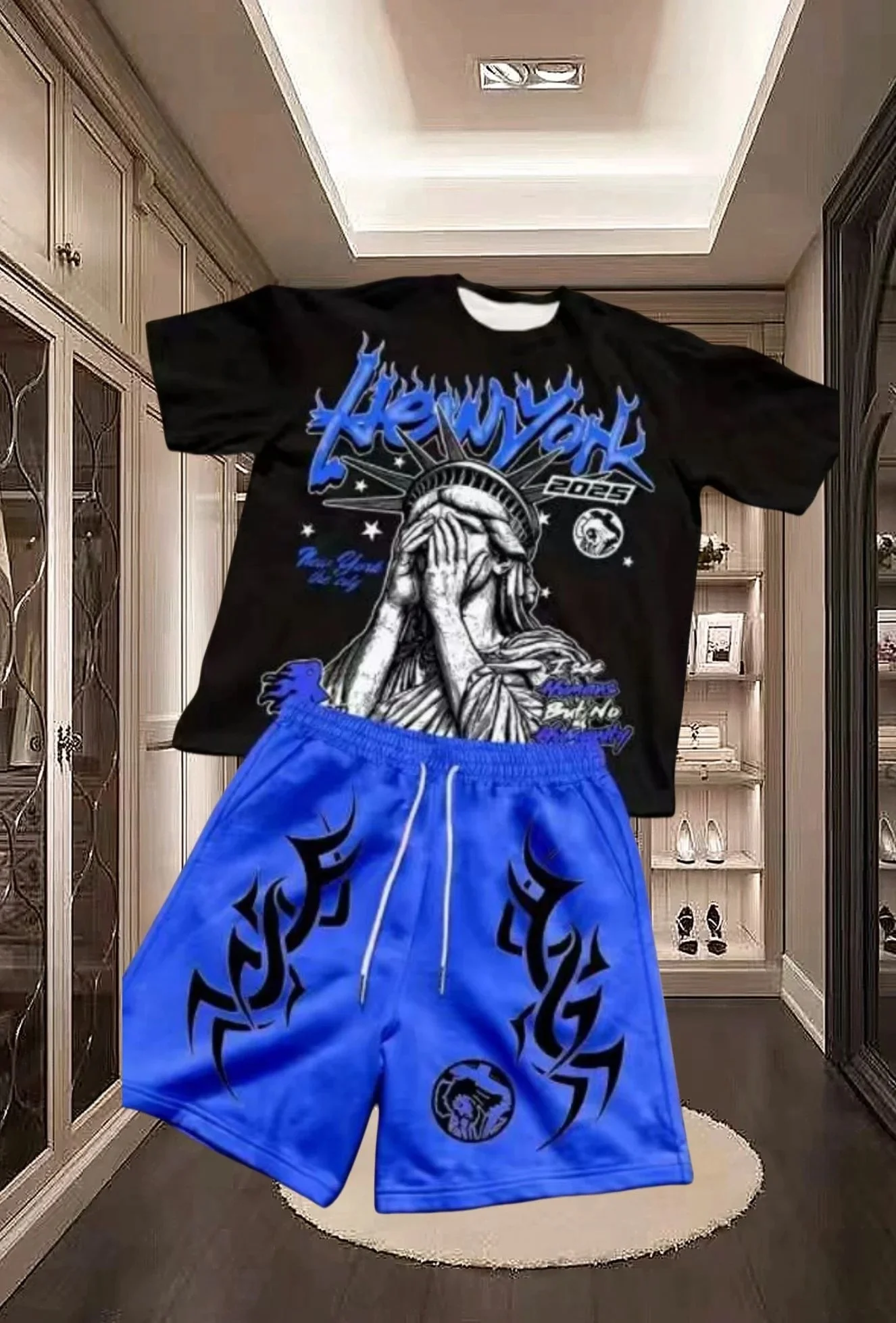 

2526 Hot Selling New Men's Statue of Liberty Printed Round Neck Breathable T-shirt and Shorts Outdoor Comfortable Two-piece Set