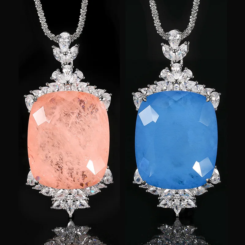 

Luxury Big Cushion Cut Pink Blue Stone Pendant Necklace CZ Halo Statement Necklace for Women Elegant Wedding Party Jewelry Gift