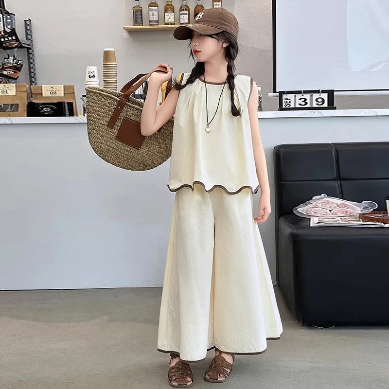 2026 summer girls Clothes Child set thin sleeveless Suit Teen camisole t shirt tank top +wide leg loose pants 4 8 10 12 14 years
