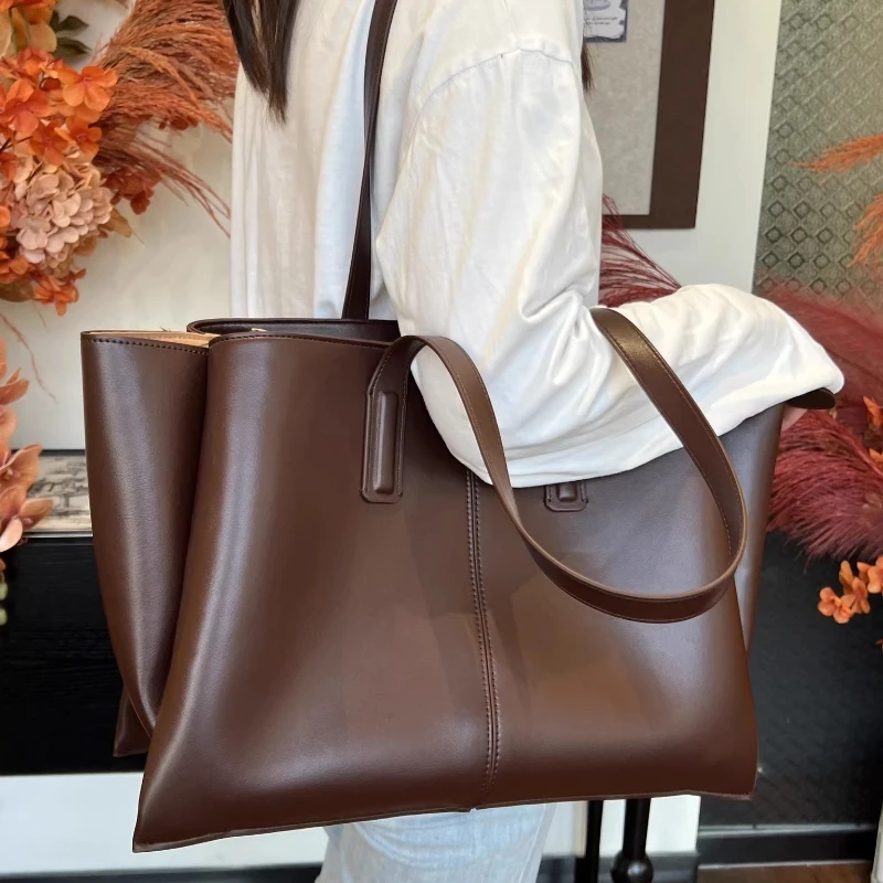 

Vintage Simple Design Women's Large Capacity Tote Bag Solid Color Pu Leather Office Lady Daily Commuter Shoulder Bag Feminina