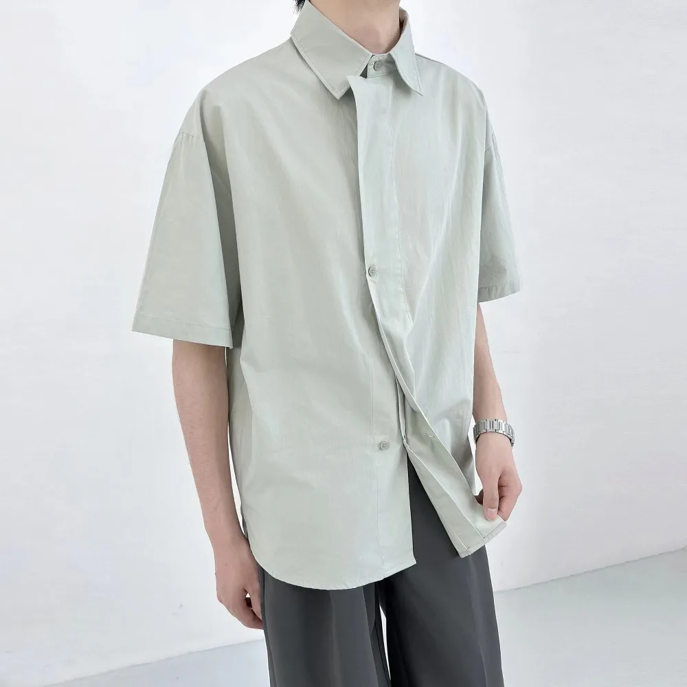 

Korean Fashion Design Niche Short-sleeved Shirts for Men Lapel Hidden Button Summer Loose Solid Color Casual Mens Shirts