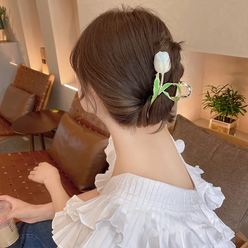 Women Metal Hair Claw Elegant Tulip Flowers Hair Clips Barrette Crab Headband Ponytail Clip Headwear Hair Accessories Tiara