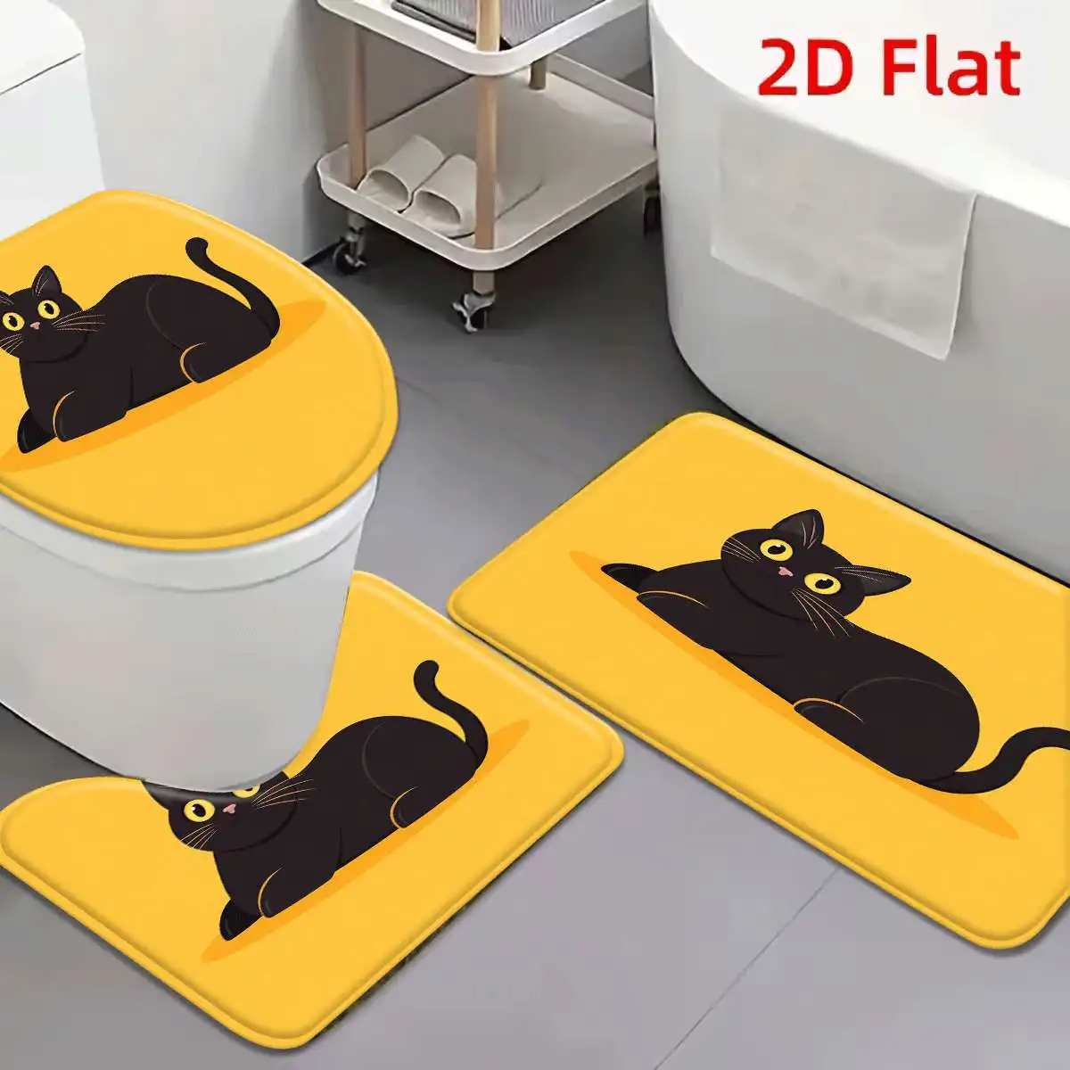 3Pcs Yellow Black Cat Bath Mat Non Slip Absorbent Toilet Rug with Lid Cover for Bathroom Washable Flannel Base