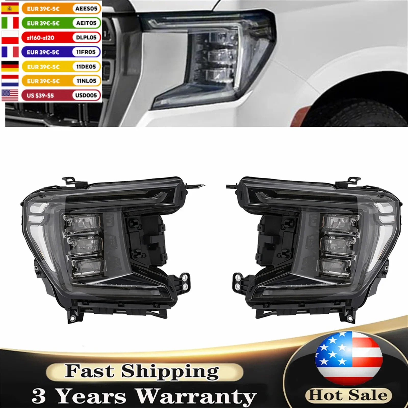 For 2021 2022 2023 GMC Yukon LED Headlights Headlamps Black Pair / Left/ Right Side