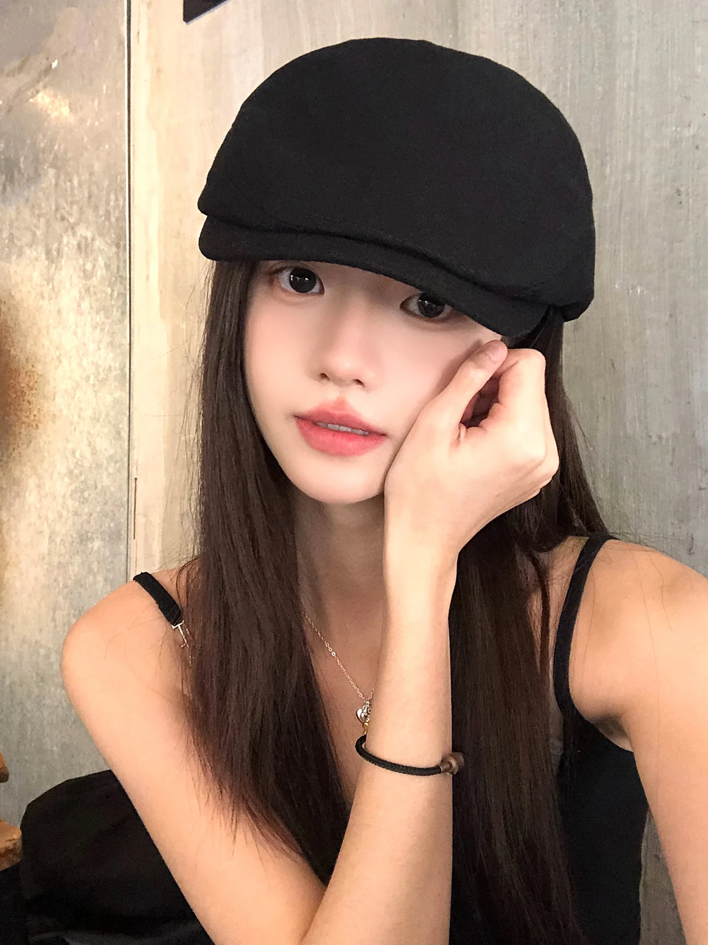 Retro Black Beret Hat Women's Spring Summer Fashion Face Slimming Newsboy Cap round Top Non-Adjustable Sun Protection Hat