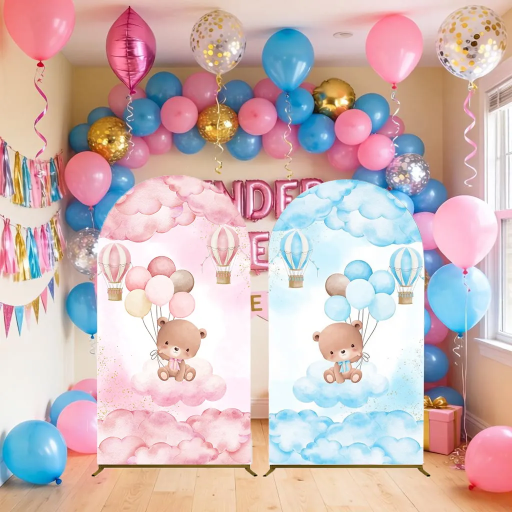 

Pink Blue Gender Reveal Party Decor Arch Backdrop Cover Boy or Girl Balloons Bear Baby Shower Decor Elastic Arched Background