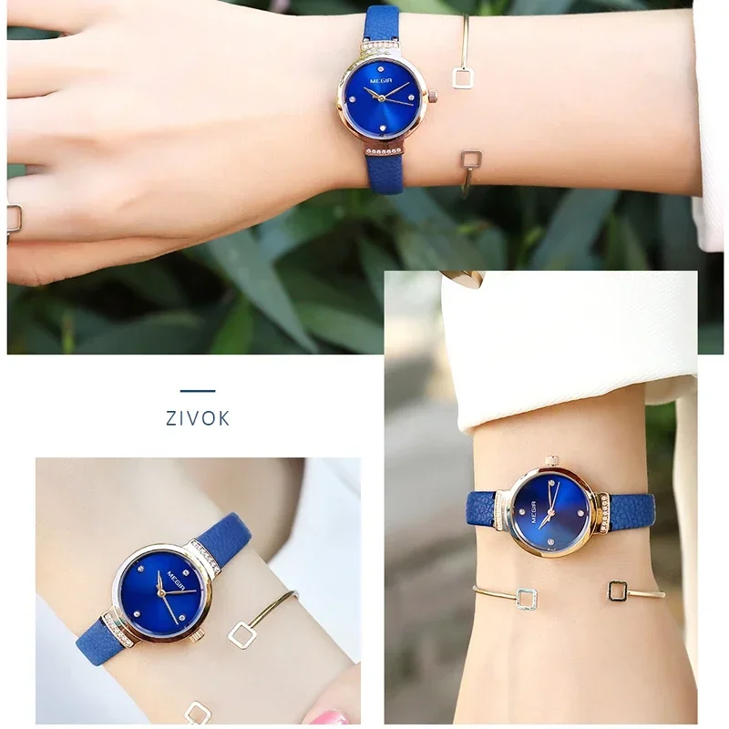 MEGIR-Montre Quartz de Luxe pour Femme, Élégante, en Cuir Bleu, Petite Robe, à la Mode