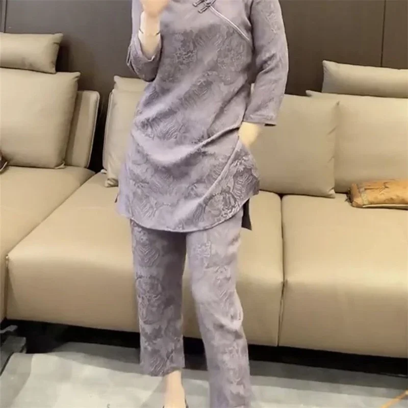 

2025 New Spring Two Piece Sets Womens Outifits Chinese Style Purple Jacquard Frog Button Blouse Calf-Length Pencil Pants Sets