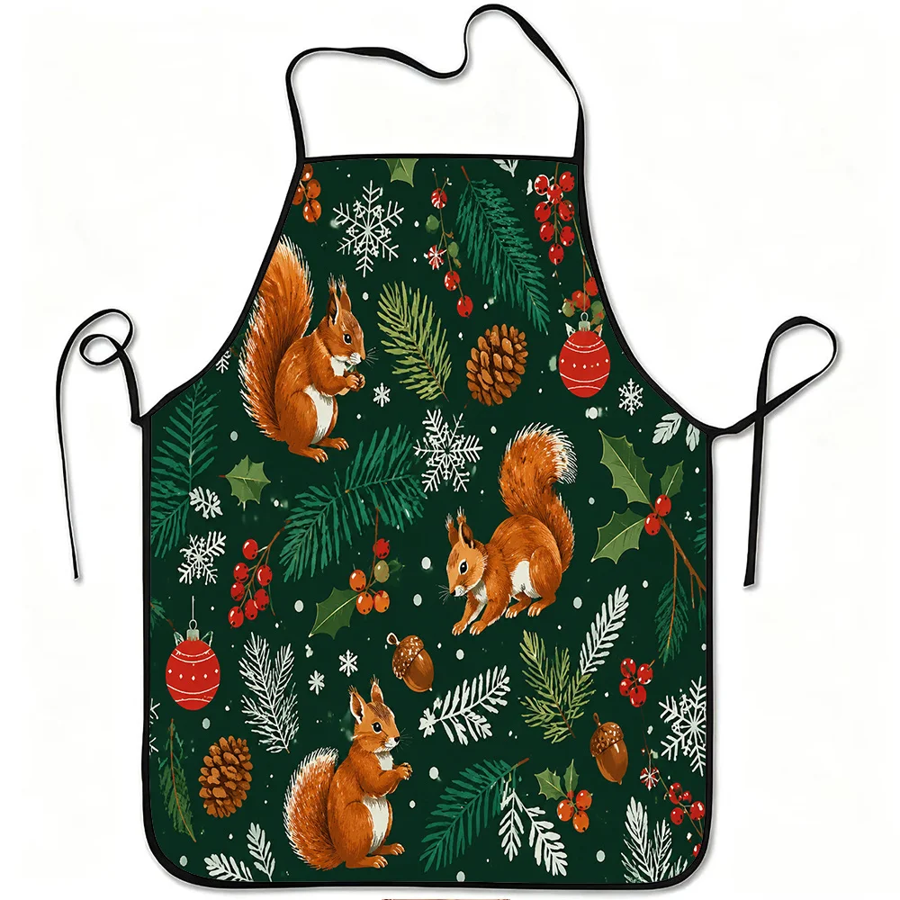 1pc Cute Squirrel Christmas Print Apron, Durable And Easy to Clean, Adjustable Waistband, Polyester Material, for Kitchen Cookin
