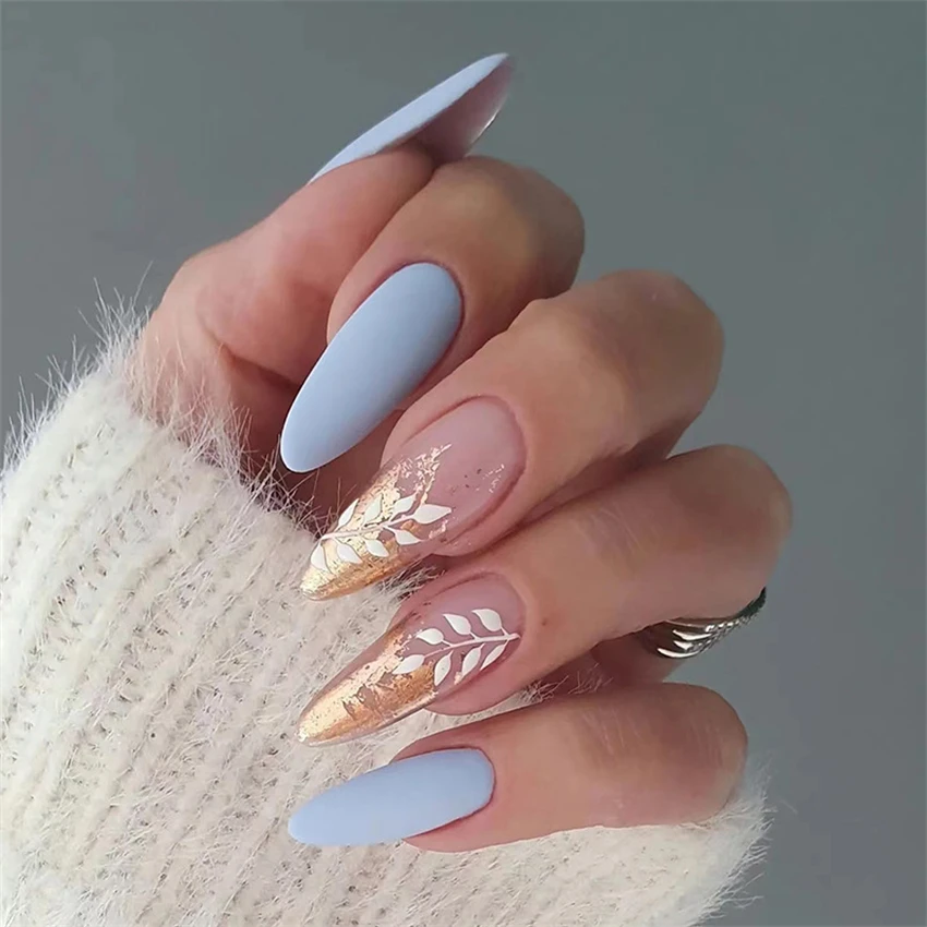 24Pcs/Set Almond Wearing False Nail French Frosted Blue Press on Nails Clippings Platinum Leaf Removable Acrylic False Nails Art