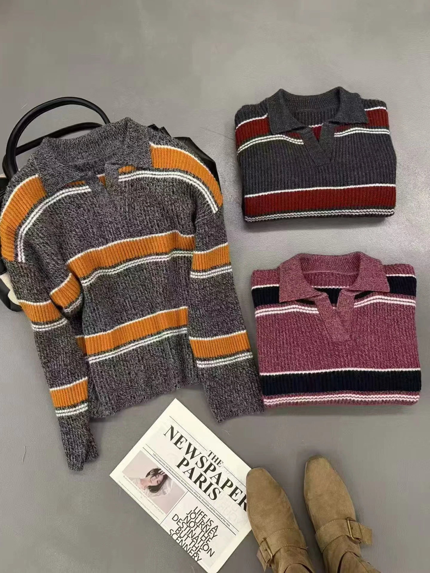 

TLOML Women‘s 100% Raccoon Velvet Knitwear Scissor Collar Color Blocking Stripes Pullover Autumn Winter Soft Thicken Loose Tops