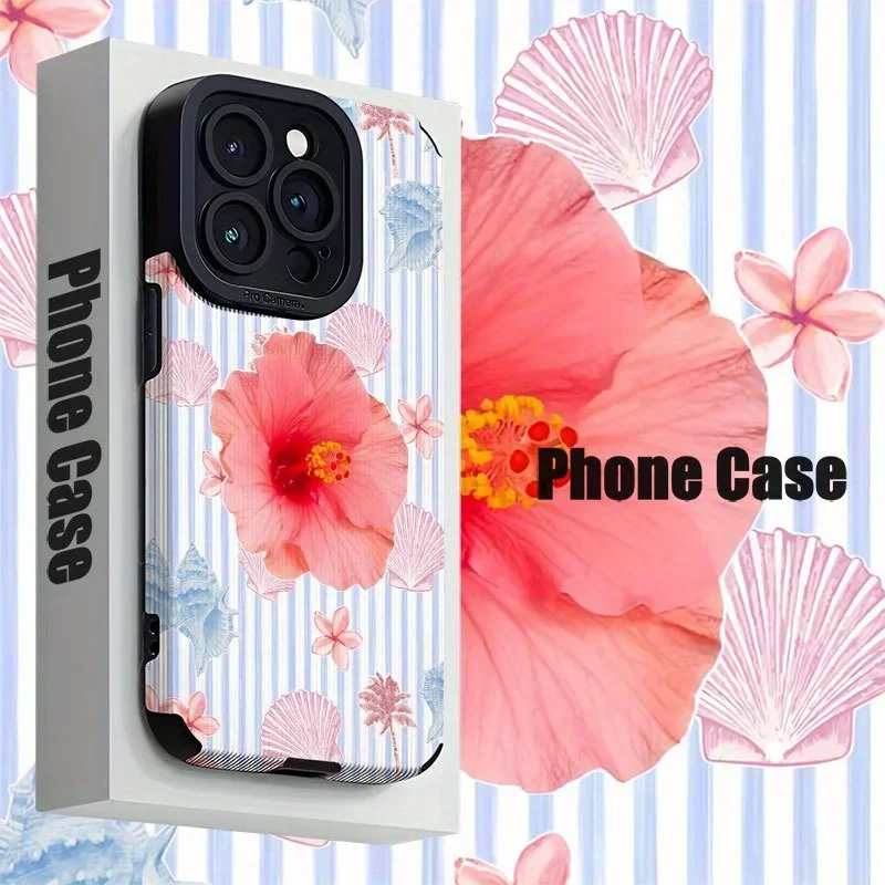 For Samsung S25 Pink Floral Seashell Pattern Blue Stripe Protective Compatible For Galaxy S25/S24/S23/S22 and A Series Models