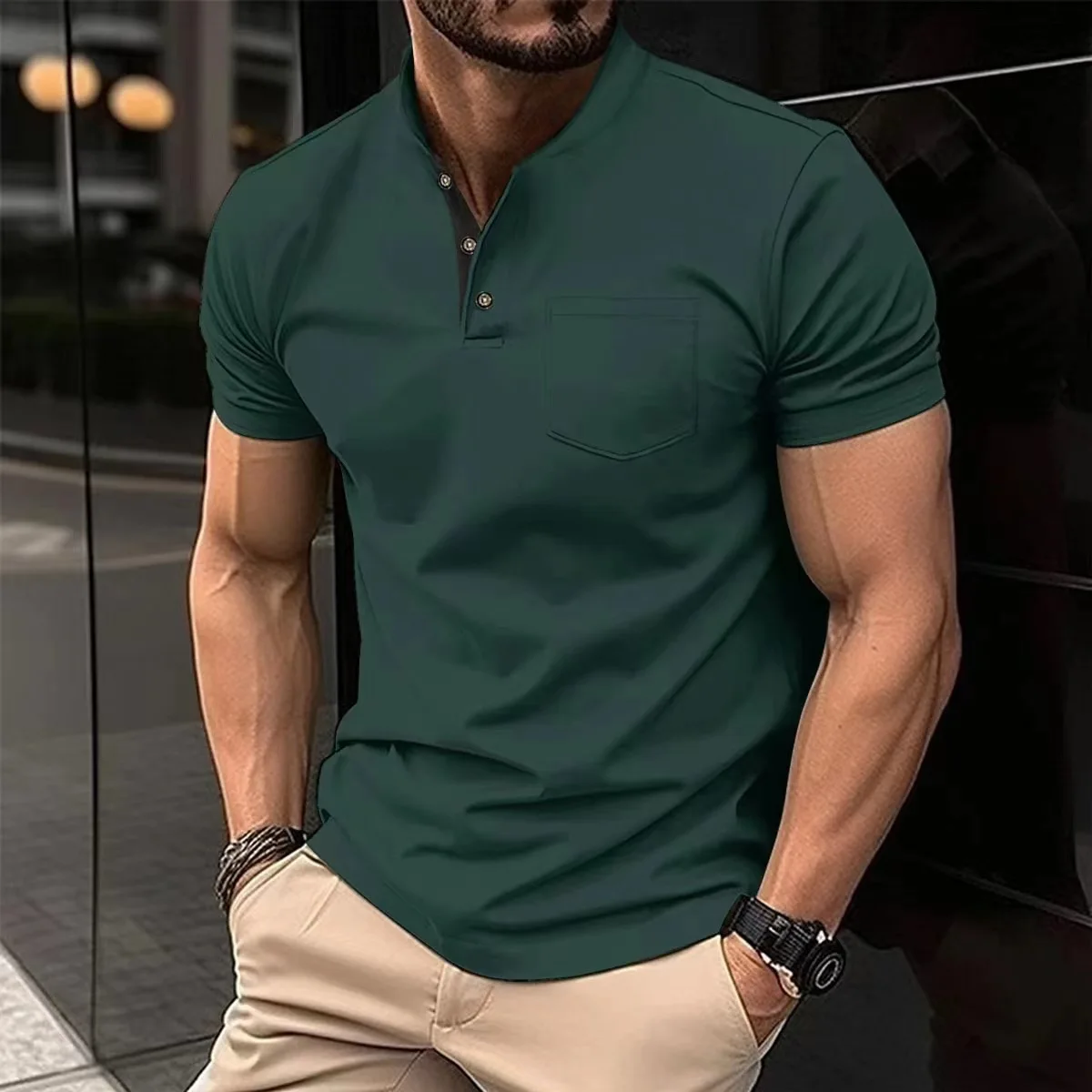 Summer Best-Selling Fashion Men Henry Collar POLO Shirt Men's T-Shirt, Solid Color Leisure And Comfortable Office Men's Clothing