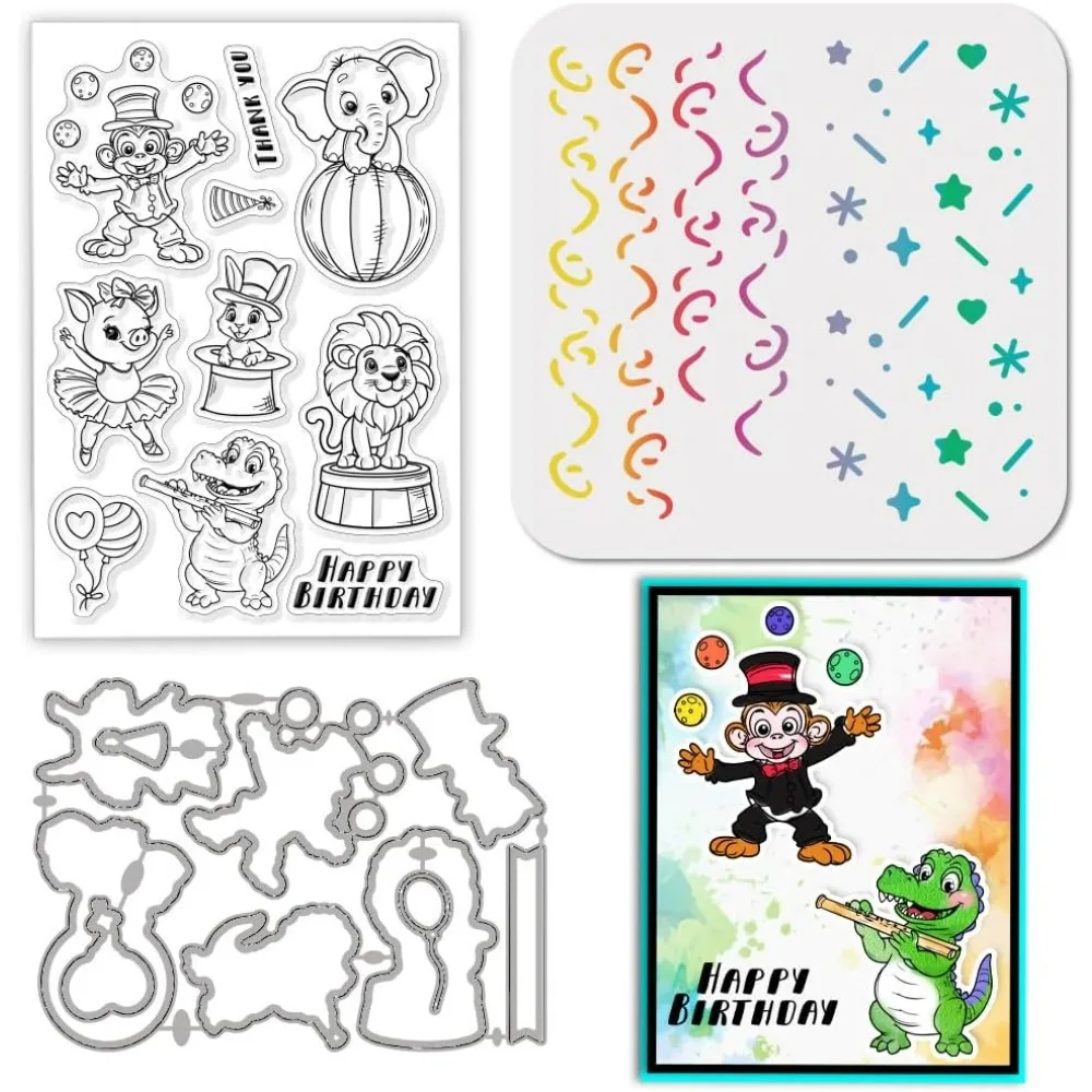 Zirkustiere, transparente Stempel, Metall-Geburtstagsband, Stanzformen, lustige Tier-PET-Farbe, Bastelschablonen für Scrapbooking, Karten