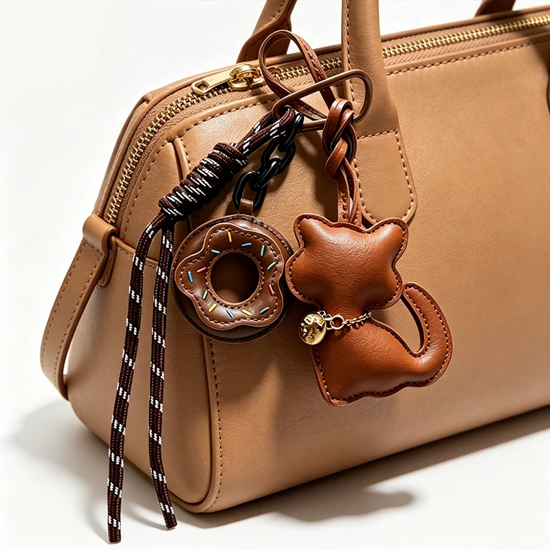 Cute Leather Cat Bag Charm Kawaii Donuts Keychain with Aesthetic Backpack Pendant Gift for Cat Lovers Women Girls