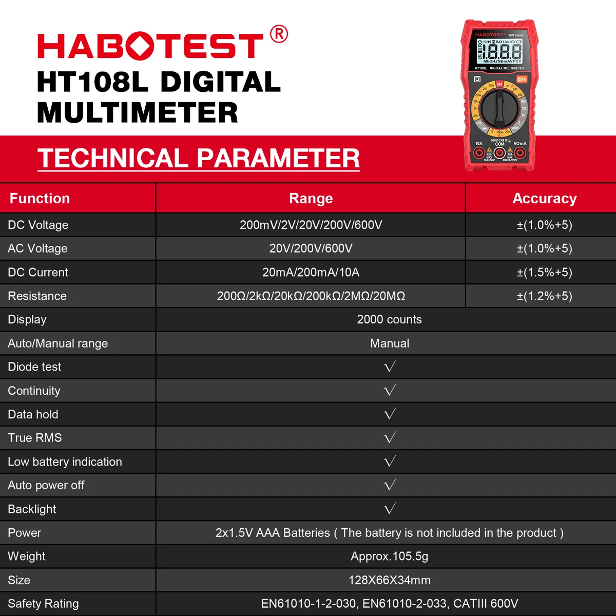 HABOTEST HT108L Digital Multimeter True-RMS 600V 10A AC DC Voltmeter Ammeter Multimetro Digital Multimeter Testers